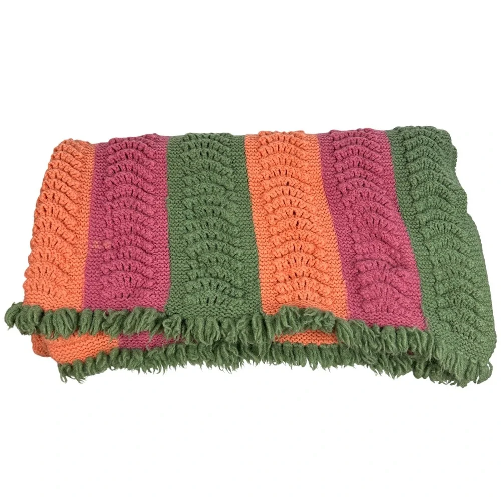 Striped Knit Throw Blanket‎ Peach Pink Green Hand Crochet Fringe 51x46